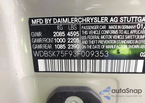 2003 Mercedes-Benz Sl 500 z USA, uszkodzony, nr VIN WDBSK75F93F009353